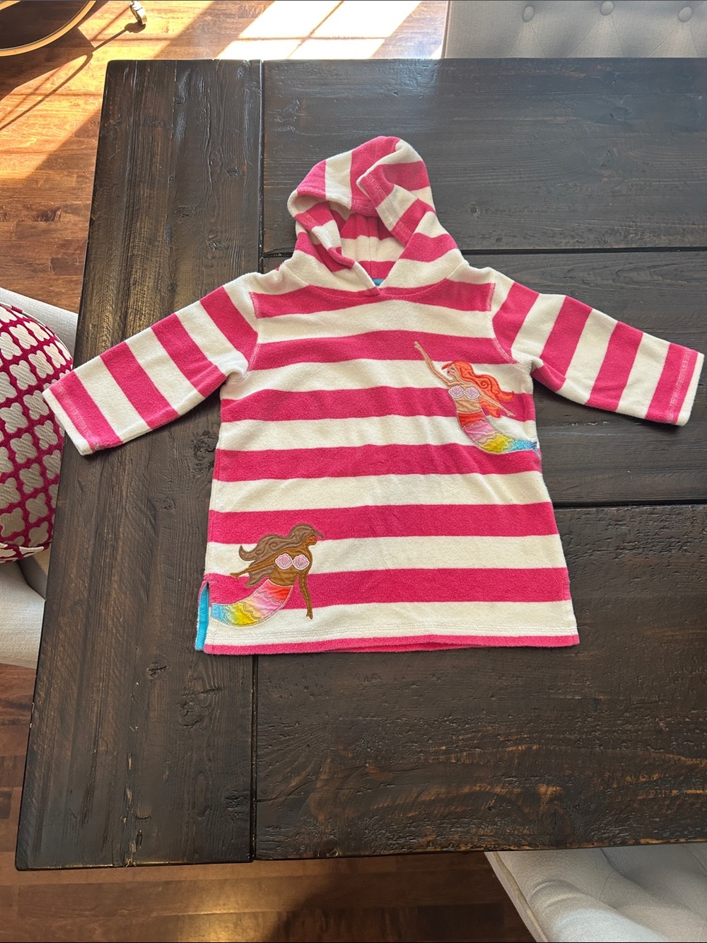 Mini Boden Pink & White Striped Hooded beach cover Dress with Mermaid Appliqués